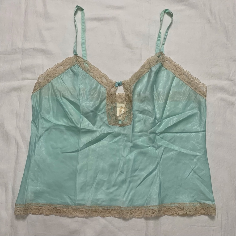 Vintage 60s Barbizon Blue and White Silk Lace Cami Slip Tank Top